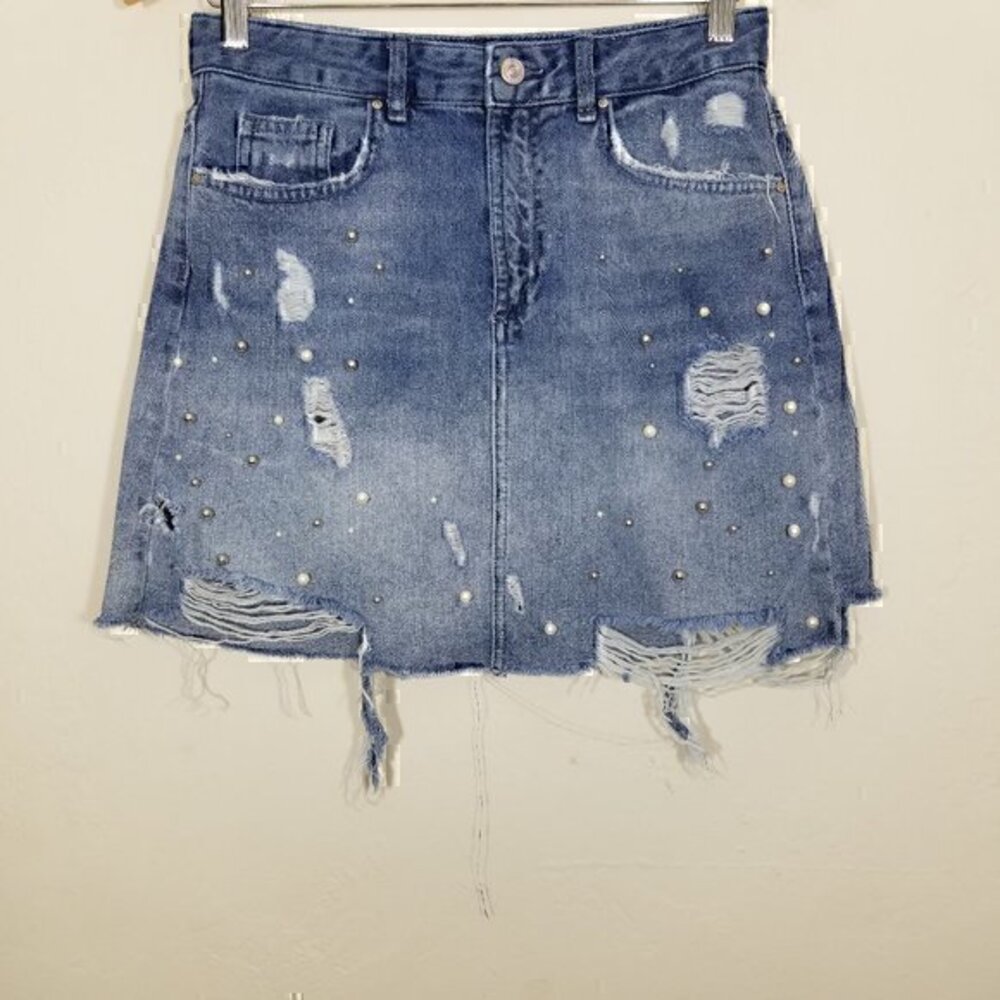 Zara Pearls Distressed Denim Mini Skirts Size S